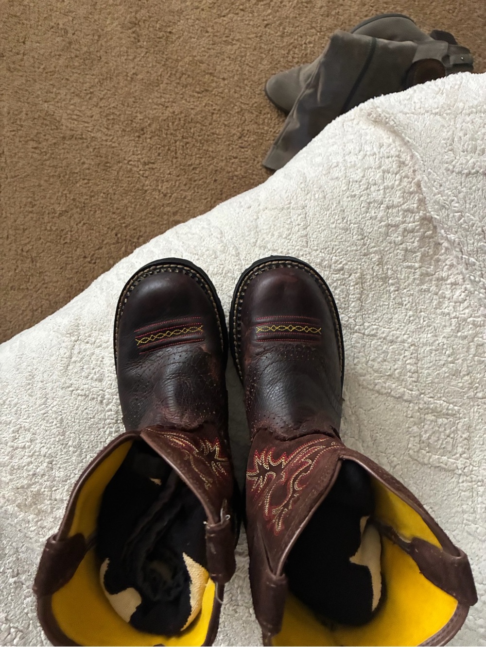 ARIAT  Brown Leather Western Work Boots with Red & Yellow Stitching - Picture 3 of 7
